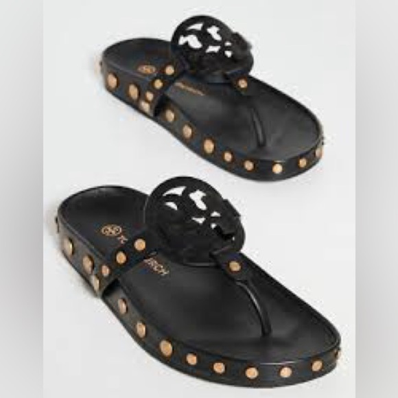 NWT Tory Burch Miller Cloud Gold Coin Thong Sandals Perfect Black Size 11 M - Picture 5 of 13
